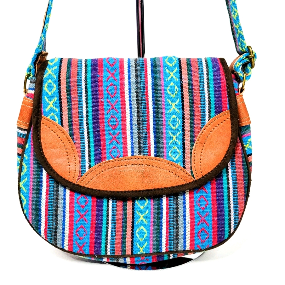 Beautiful Blue Striped Kathmandu Rounded Leather & Cotton Bohemian Crossbody Bag